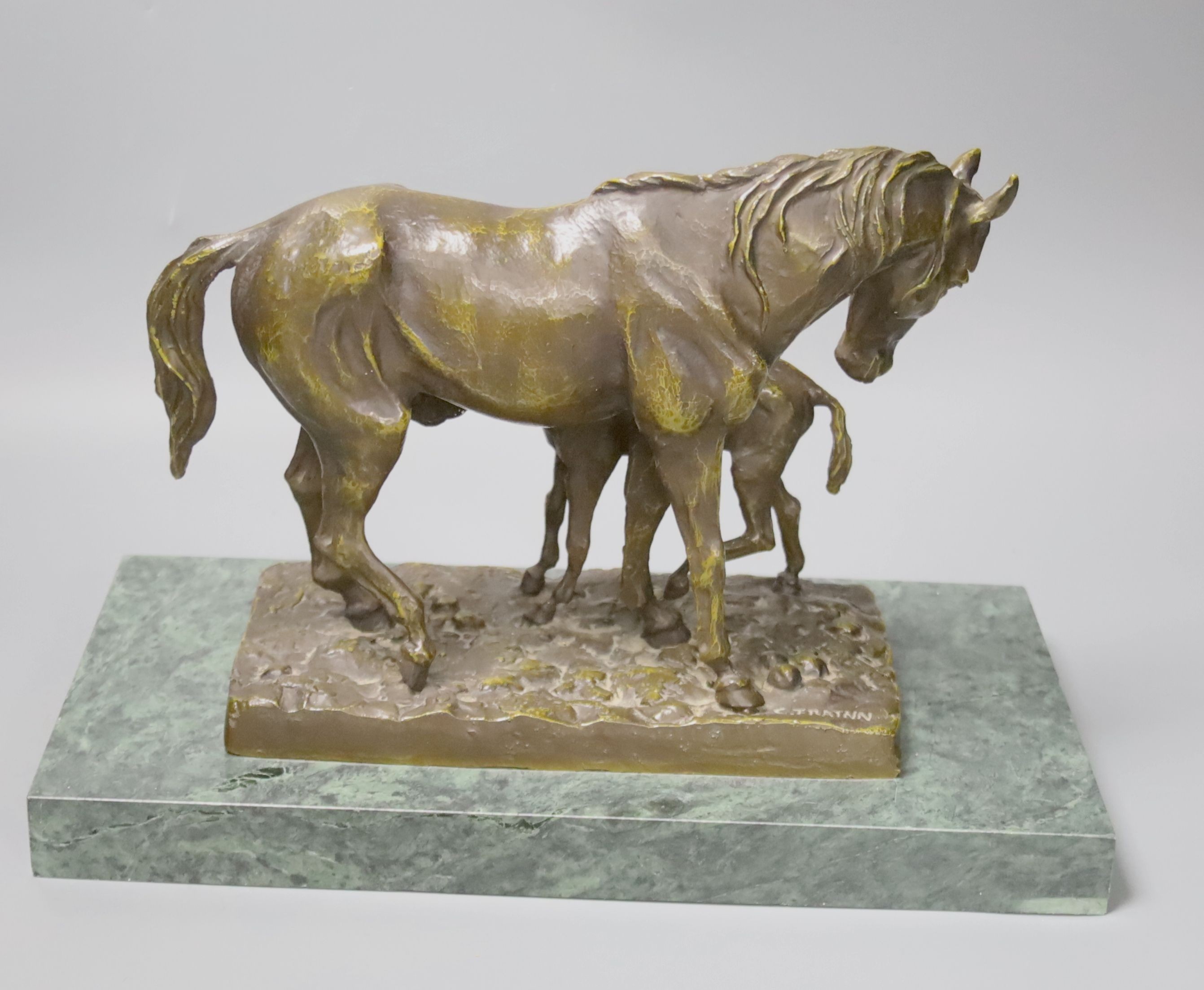 After C Frattin - horse and foal bronze group on marble base 35cm